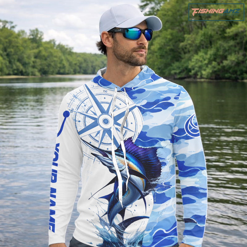 Custom Blue Camo Saltwater Sailfish Long Sleeve Hooded Fishing Shirts, Offshore Fishing Shirt NBT794