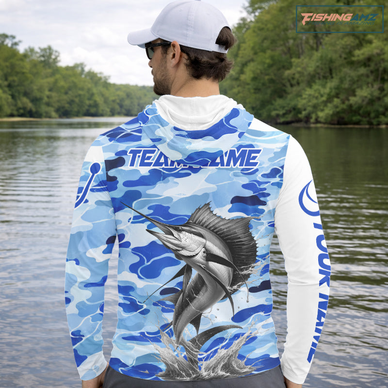 Custom Blue Camo Saltwater Sailfish Long Sleeve Hooded Fishing Shirts, Offshore Fishing Shirt NBT794