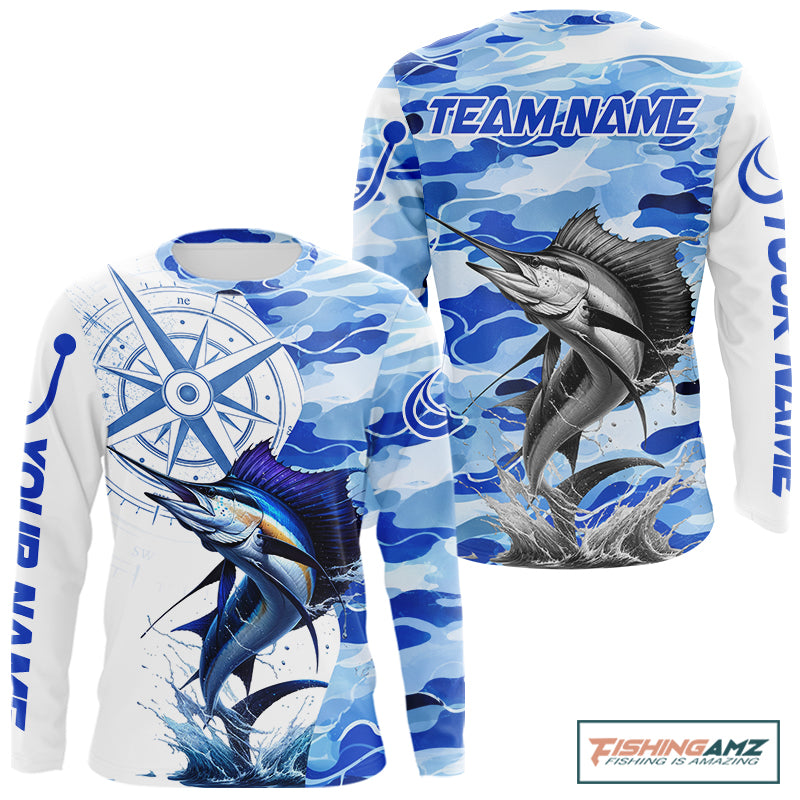 Custom Blue Camo Saltwater Sailfish Fishing Shirts Long Sleeve, Offshore Fishing Shirt NBT794