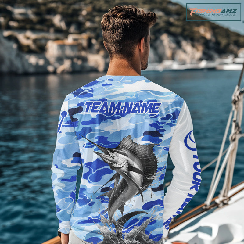Custom Blue Camo Saltwater Sailfish Fishing Shirts Long Sleeve, Offshore Fishing Shirt NBT794
