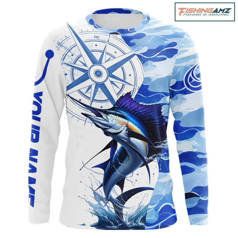 Custom Blue Camo Saltwater Sailfish Fishing Shirts Long Sleeve, Offshore Fishing Shirt NBT794