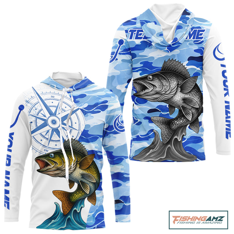 Custom Blue Camo Walleye Long Sleeve Hooded Fishing Shirts, Team Fishing Jerseys NBT795