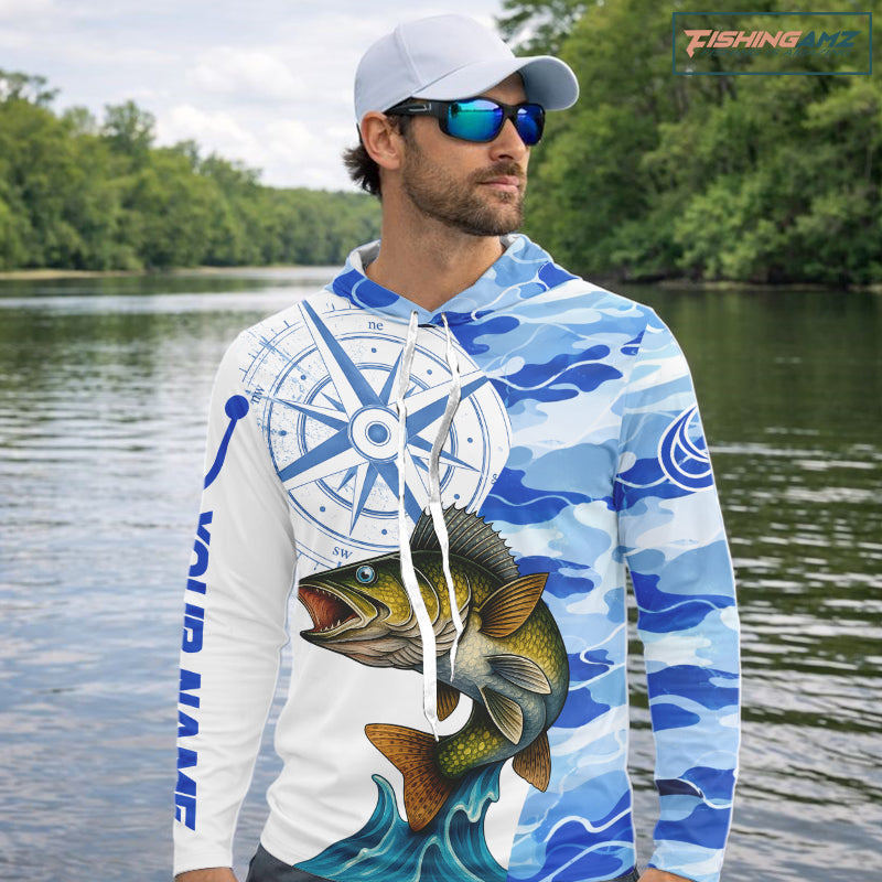 Custom Blue Camo Walleye Long Sleeve Hooded Fishing Shirts, Team Fishing Jerseys NBT795
