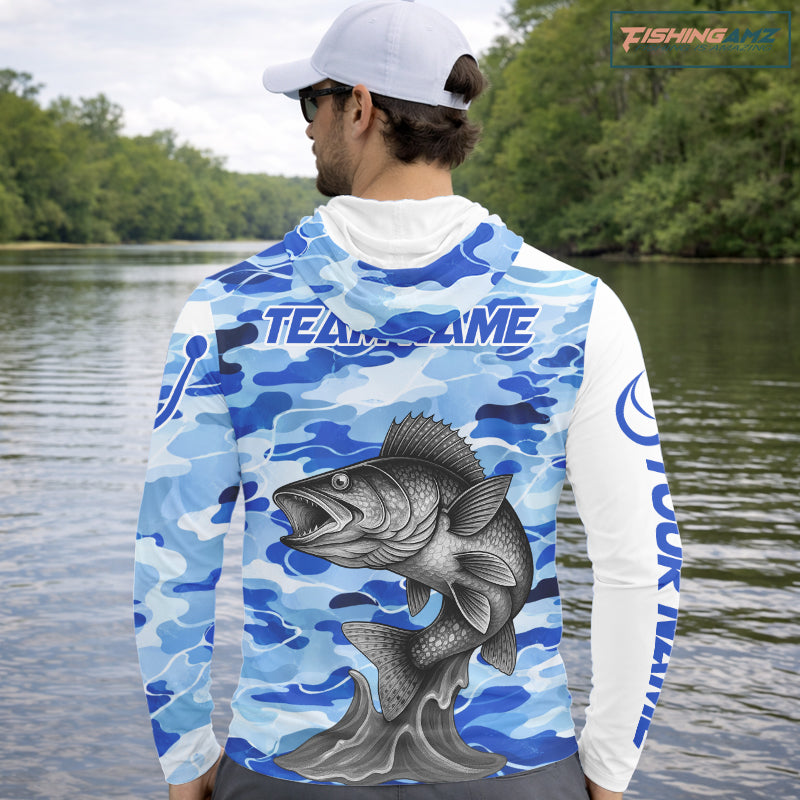 Custom Blue Camo Walleye Long Sleeve Hooded Fishing Shirts, Team Fishing Jerseys NBT795