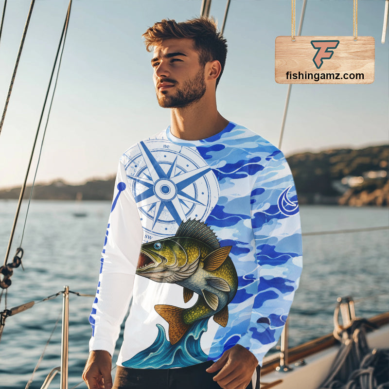Custom Blue Camo Walleye Fishing Shirts Long Sleeve, Team Fishing Jerseys NBT795
