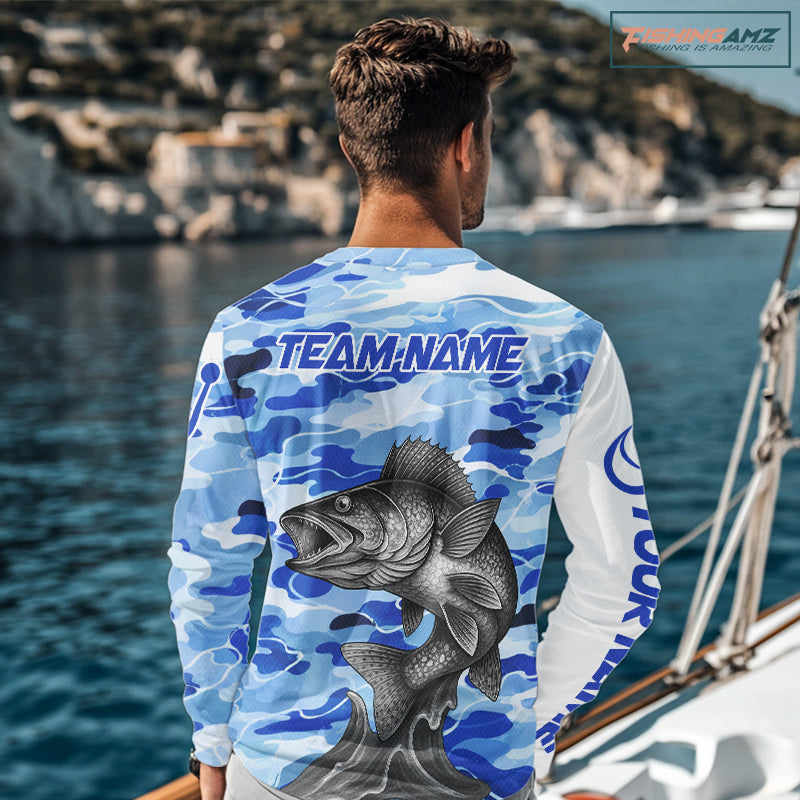 Custom Blue Camo Walleye Fishing Shirts Long Sleeve, Team Fishing Jerseys NBT795