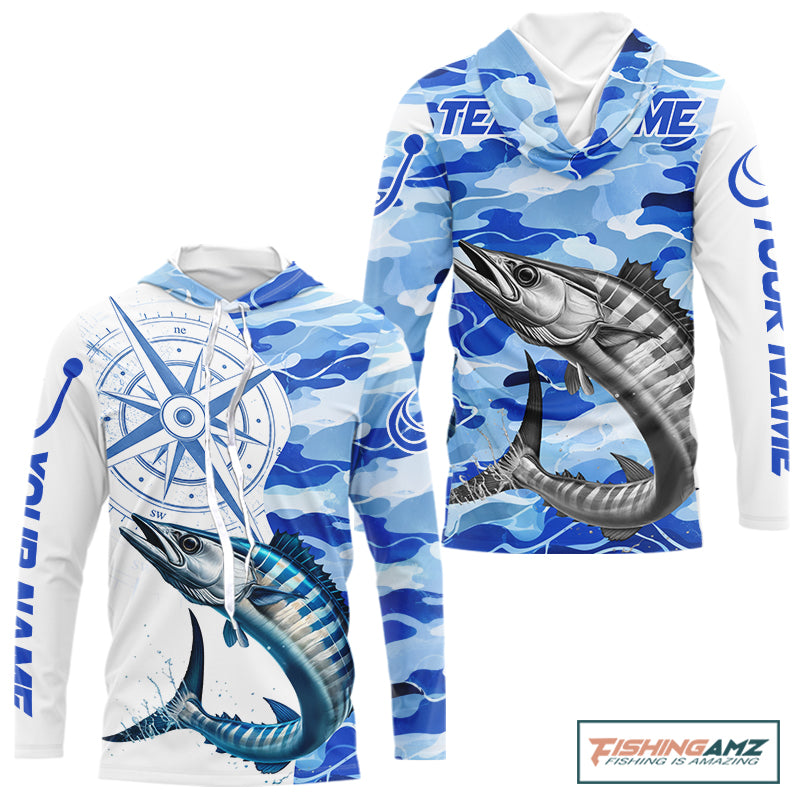 Custom Blue Camo Saltwater Wahoo Long Sleeve Hooded Fishing Shirts, Offshore Fishing Shirt NBT796