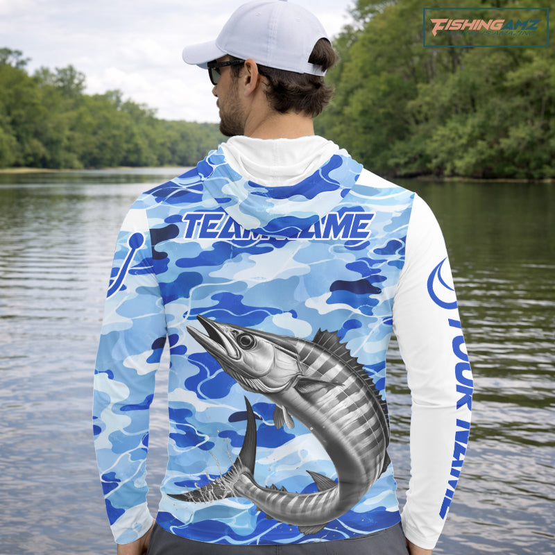 Custom Blue Camo Saltwater Wahoo Long Sleeve Hooded Fishing Shirts, Offshore Fishing Shirt NBT796