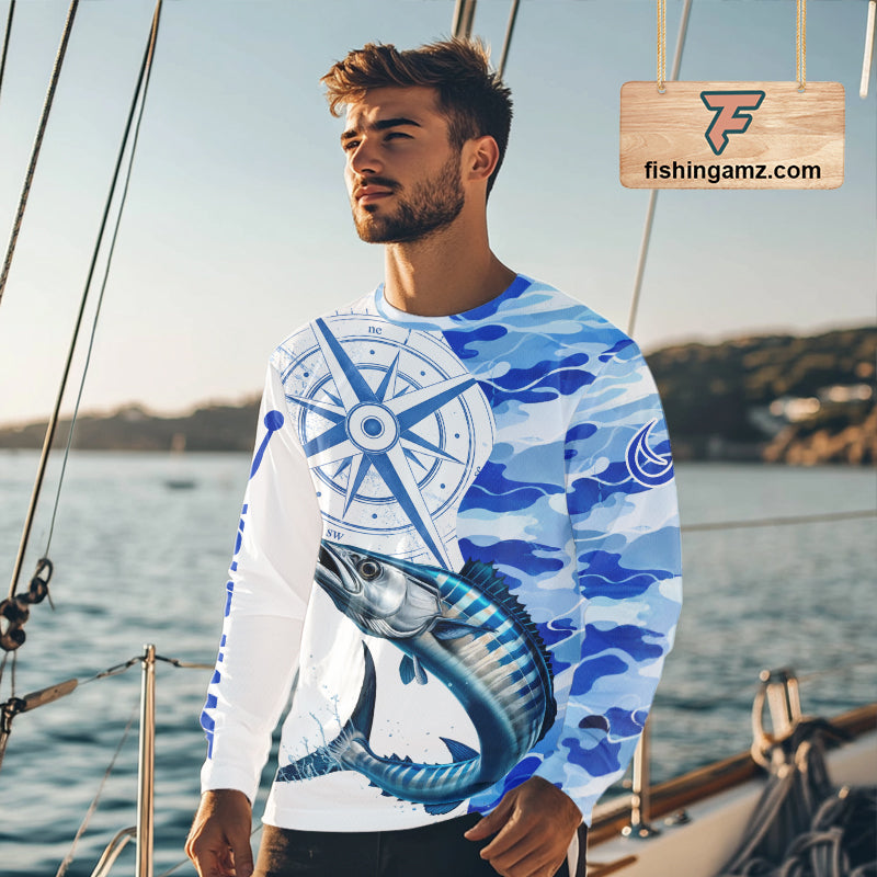 Custom BLue Camo Saltwater Wahoo Fishing Shirts Long Sleeve, Offshore Fishing Shirt NBT796
