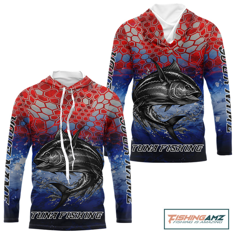 Custom Red Blue Tuna Fishing Long Sleeve Hooded Fishing Shirts, Saltwater Offshore Fishing Shirts NBT399