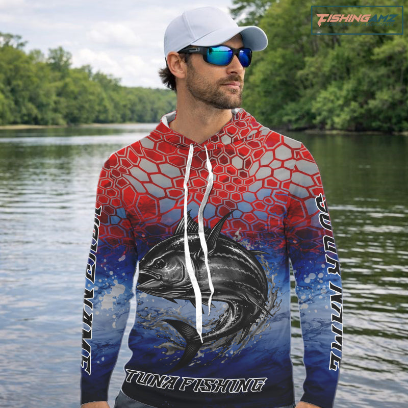 Custom Red Blue Tuna Fishing Long Sleeve Hooded Fishing Shirts, Saltwater Offshore Fishing Shirts NBT399