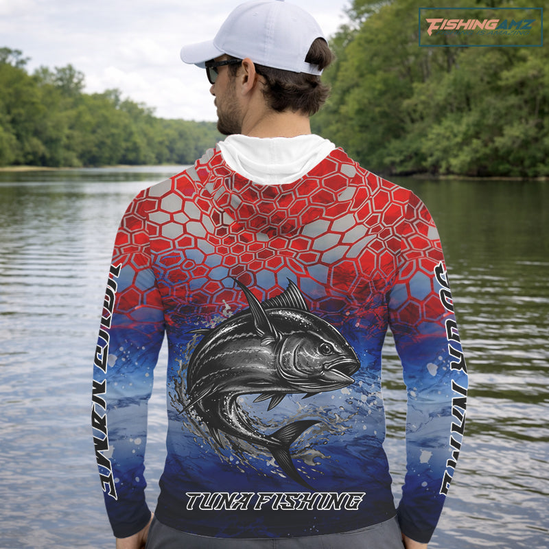 Custom Red Blue Tuna Fishing Long Sleeve Hooded Fishing Shirts, Saltwater Offshore Fishing Shirts NBT399