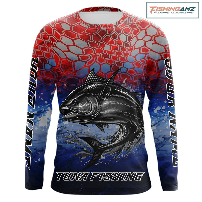 Custom Red Blue Tuna Fishing Long Sleeve Fishing Shirts, Saltwater Offshore Fishing Shirts NBT399