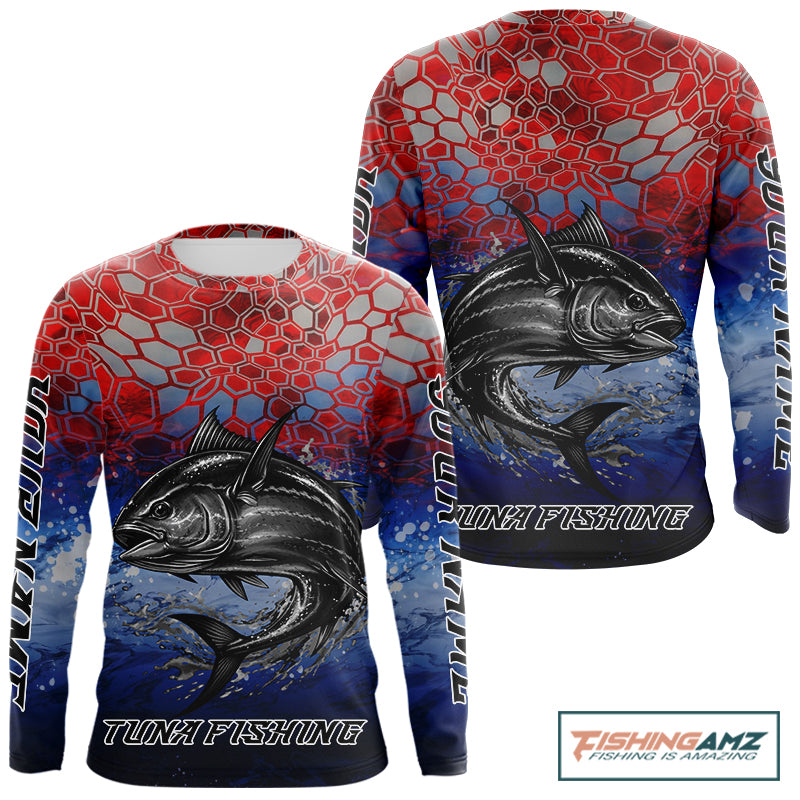Custom Red Blue Tuna Fishing Long Sleeve Fishing Shirts, Saltwater Offshore Fishing Shirts NBT399