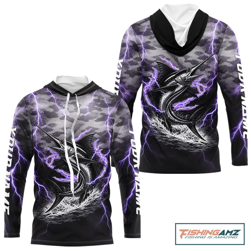 Thunder Lightning Swordfish Long Sleeve Hooded Fishing Shirts Black Camouflage, Saltwater Fishing Shirts NBT401