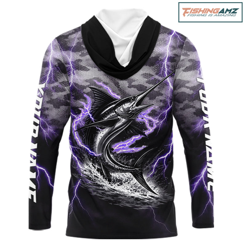 Thunder Lightning Swordfish Long Sleeve Hooded Fishing Shirts Black Camouflage, Saltwater Fishing Shirts NBT401