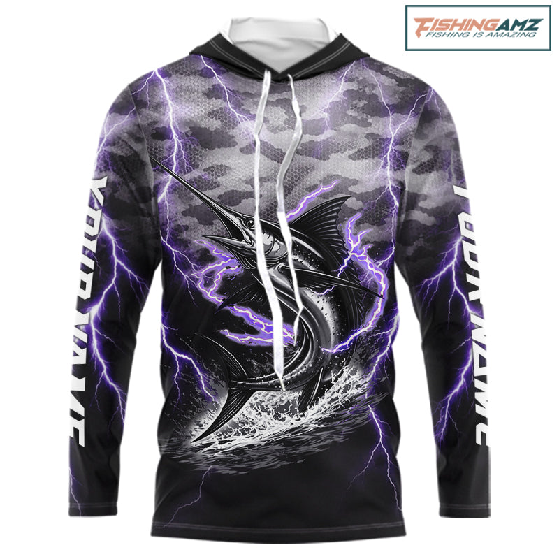 Thunder Lightning Swordfish Long Sleeve Hooded Fishing Shirts Black Camouflage, Saltwater Fishing Shirts NBT401