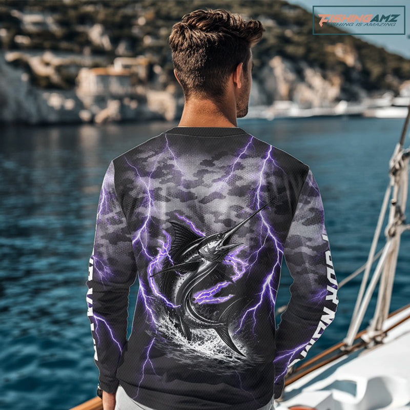 Thunder Lightning Swordfish Fishing Shirts Long Sleeve Black Camouflage, Saltwater Fishing Shirts NBT401