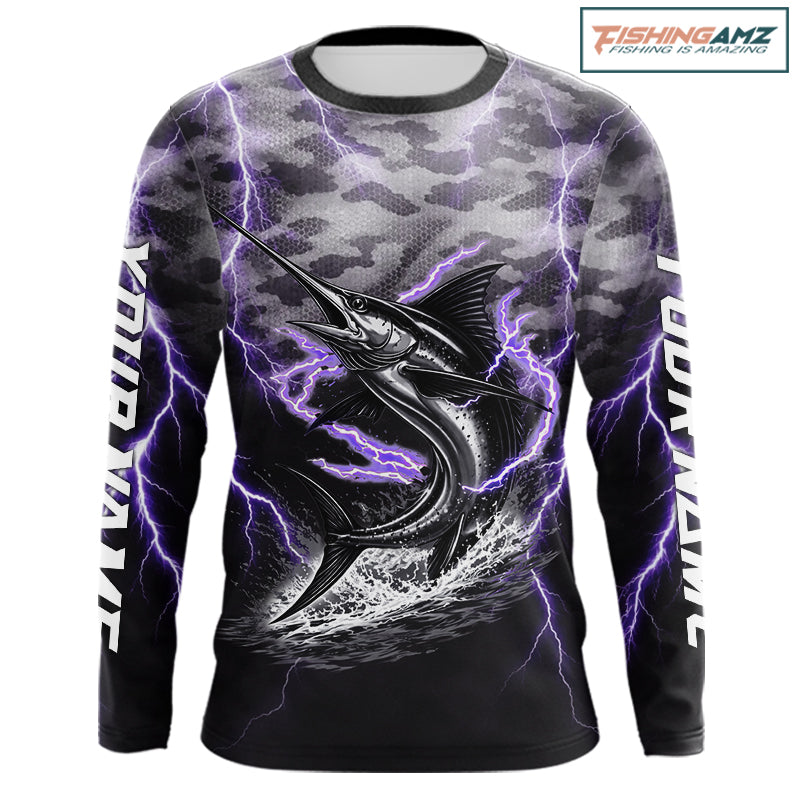 Thunder Lightning Swordfish Fishing Shirts Long Sleeve Black Camouflage, Saltwater Fishing Shirts NBT401