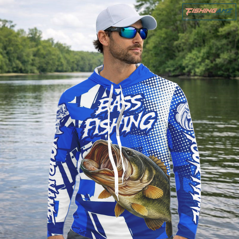 Blue Camo Largemouth Bass Fishing Shirts Long Sleeve, Bass Fishing Shirts For Men NBT442