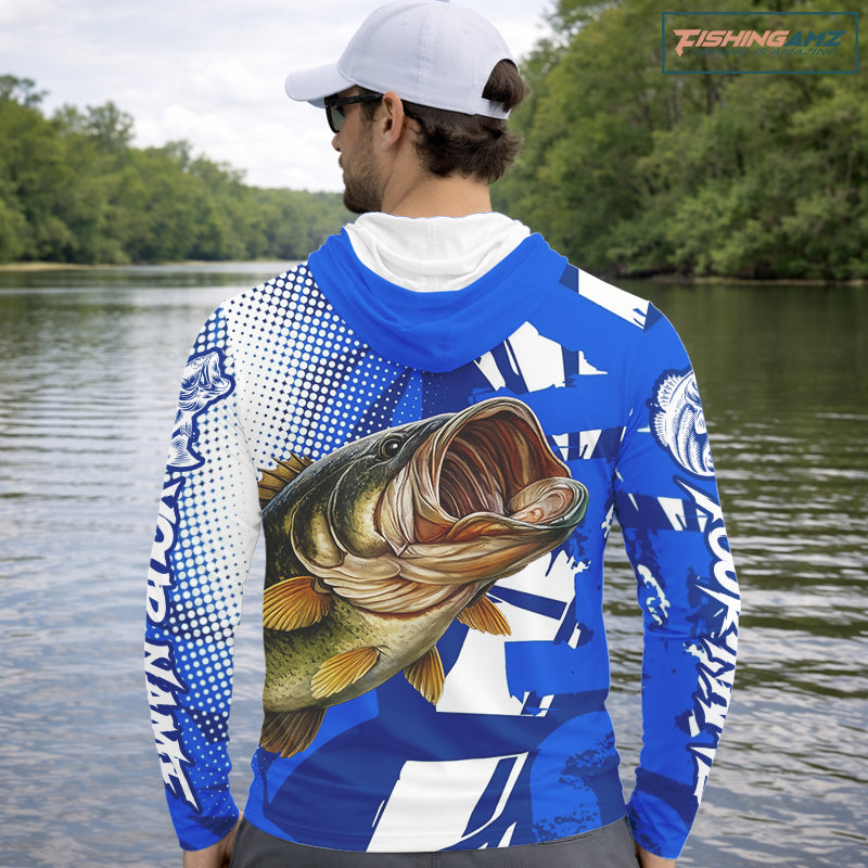 Blue Camo Largemouth Bass Fishing Shirts Long Sleeve, Bass Fishing Shirts For Men NBT442