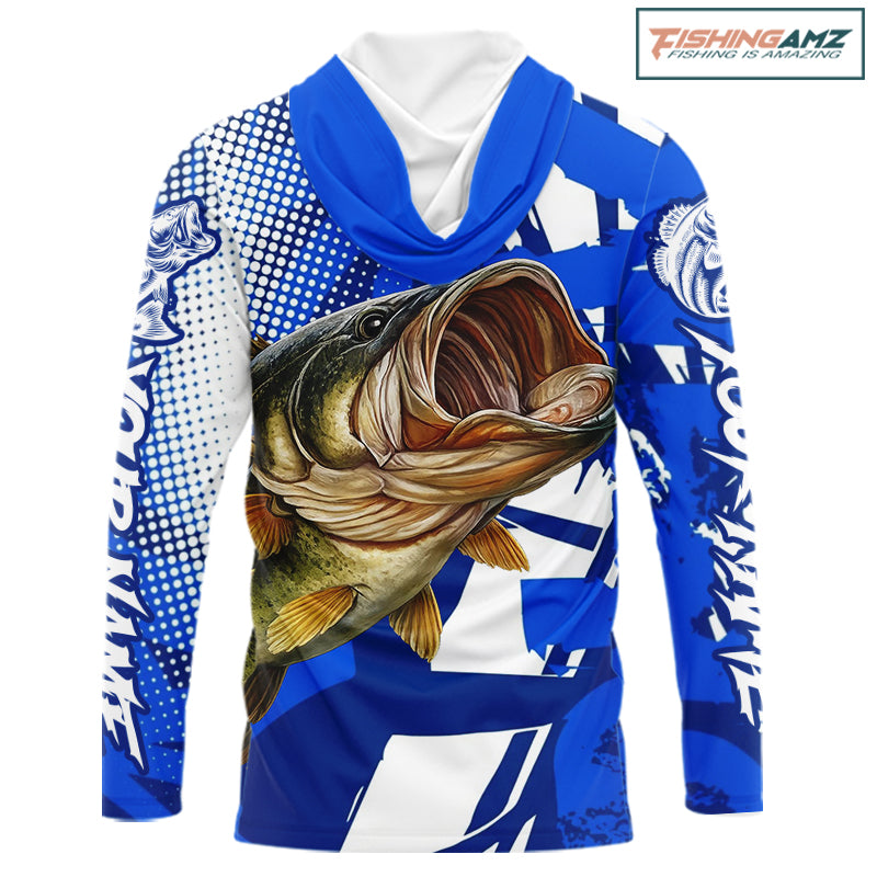 Blue Camo Largemouth Bass Fishing Shirts Long Sleeve, Bass Fishing Shirts For Men NBT442
