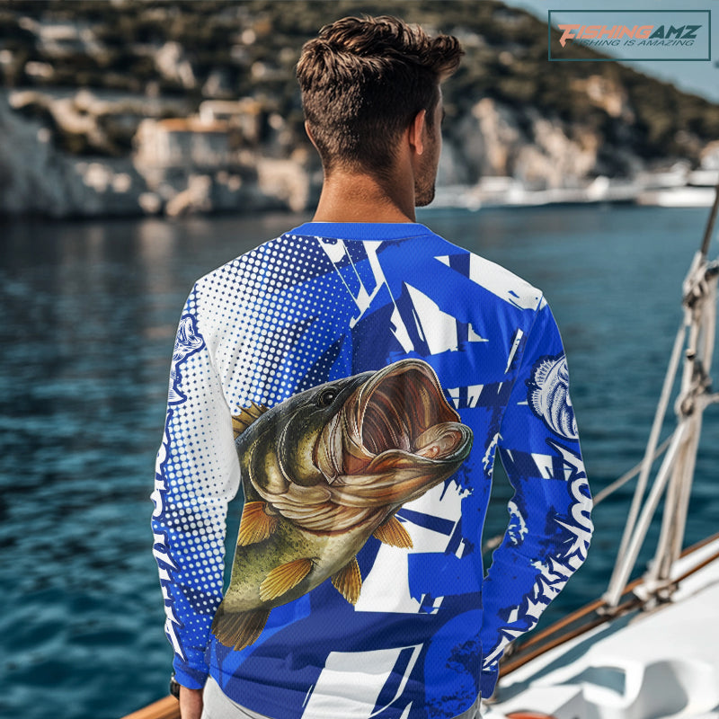 Blue Camo Largemouth Bass Fishing Shirts Long Sleeve, Bass Fishing Shirts For Men NBT442