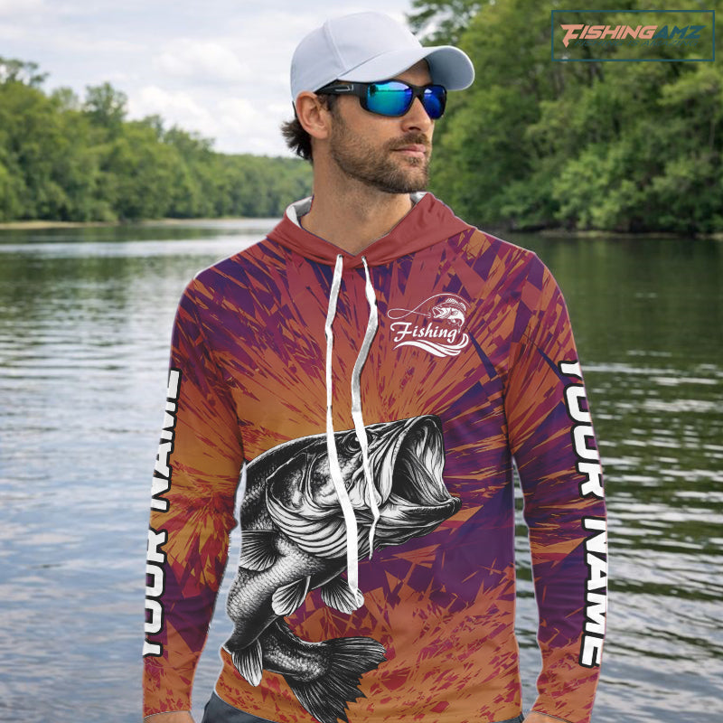 Personalized Bass Fishing Shirts For Men Dawn Camo, Bass Long Sleeve Hooded Fishing Shirts NBT444