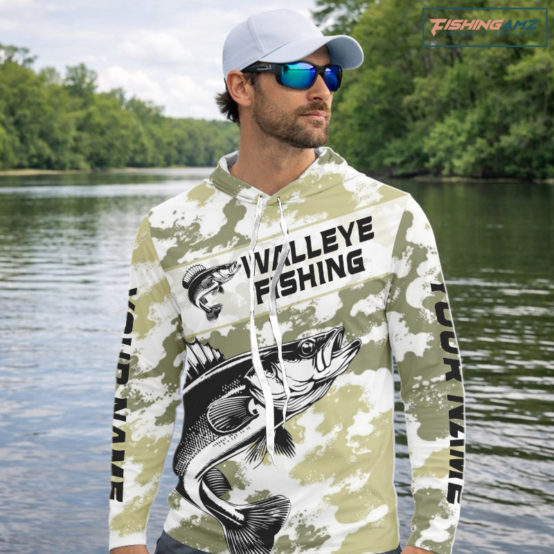 Custom Walleye Fishing Camo Long Sleeve Hooded Fishing Shirts, Personalized Walleye Fishing Team Jerseys NBT697