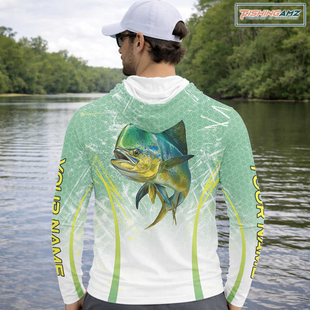 Mahi Mahi Fishing Shirts Long Sleeve Hooded Green Camo, Saltwater Fishing Shirts For Men NBT405