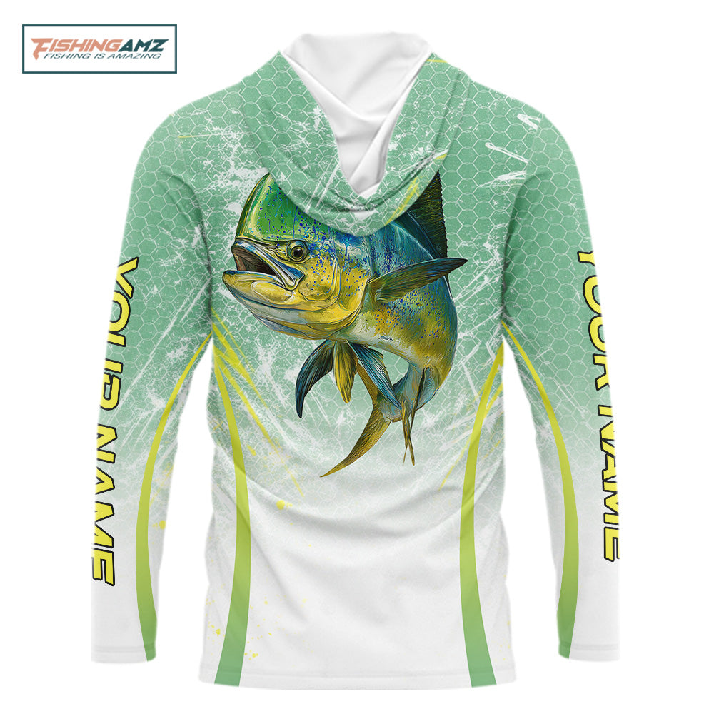 Mahi Mahi Fishing Shirts Long Sleeve Hooded Green Camo, Saltwater Fishing Shirts For Men NBT405