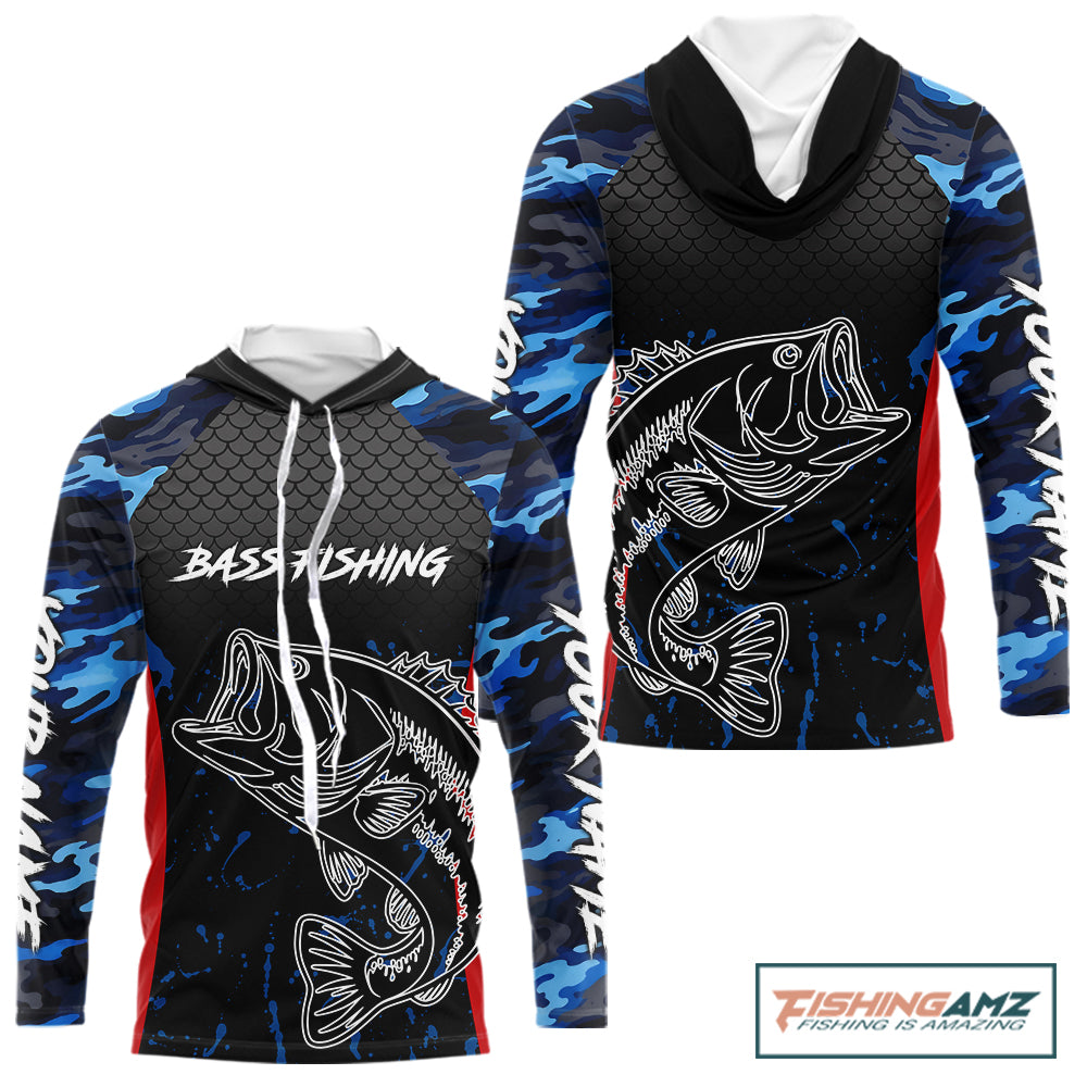 Blue Camouflage Bass Fishing Shirt with Hood Custom Name, Bass Performance Fishing Jerseys NBT363
