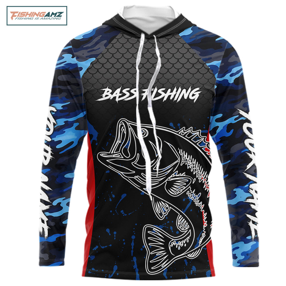 Blue Camouflage Bass Fishing Shirt with Hood Custom Name, Bass Performance Fishing Jerseys NBT363
