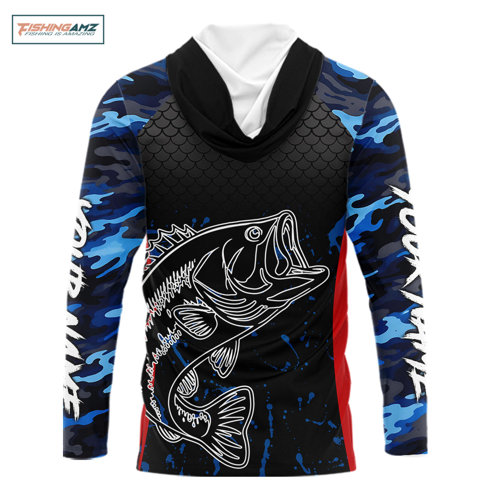Blue Camouflage Bass Fishing Shirt with Hood Custom Name, Bass Performance Fishing Jerseys NBT363