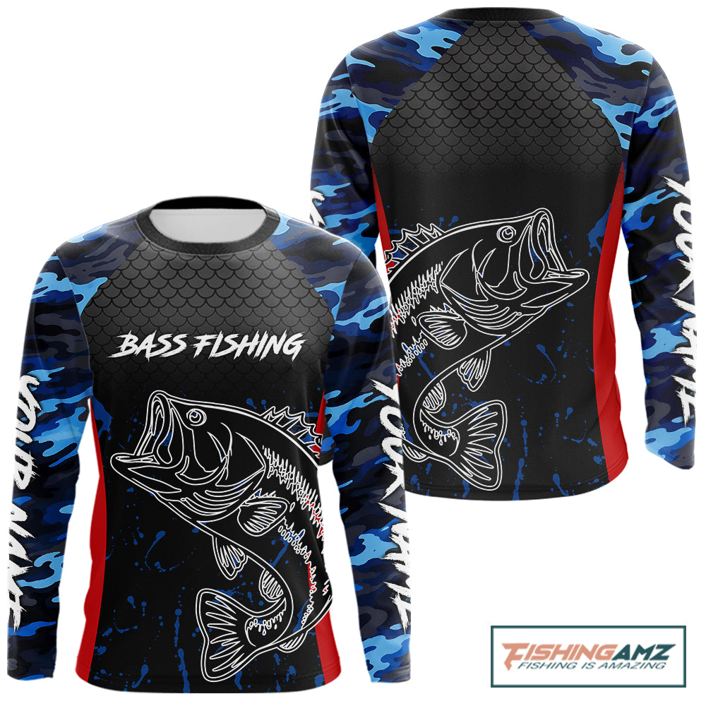 Bass Fishing Shirts Long Sleeve Blue Camouflage Fish Scale Custom Name Tournament Bass Fishing Shirts NBT363