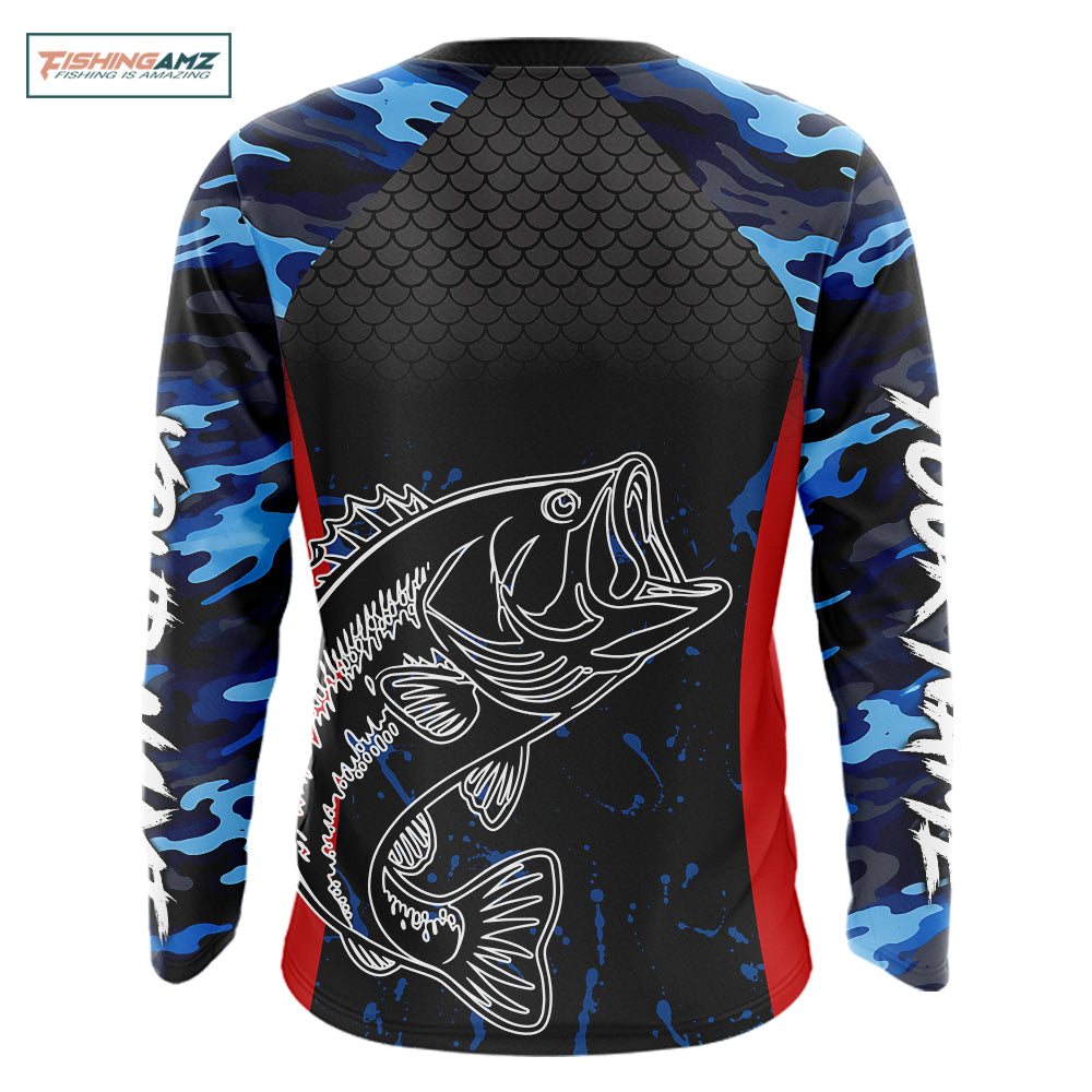 Bass Fishing Shirts Long Sleeve Blue Camouflage Fish Scale Custom Name Tournament Bass Fishing Shirts NBT363