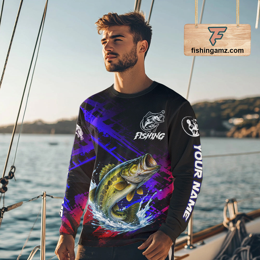Bass Fishing Long Sleeve Purple Camo UPF Fishing Shirts, Bass Fishing Tournament Shirts NBT464