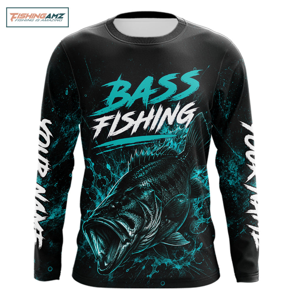Front view of personalized bass fishing neon camo long sleeve shirt for men