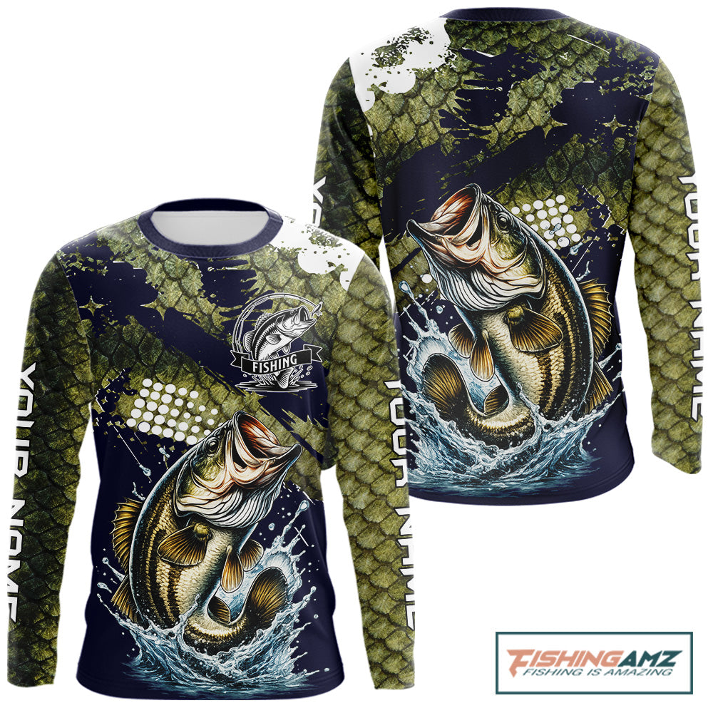 Custom Bass Fishing Green Bass Scales Fishing Shirts For Men, Bass Fishing Shirts NBT470