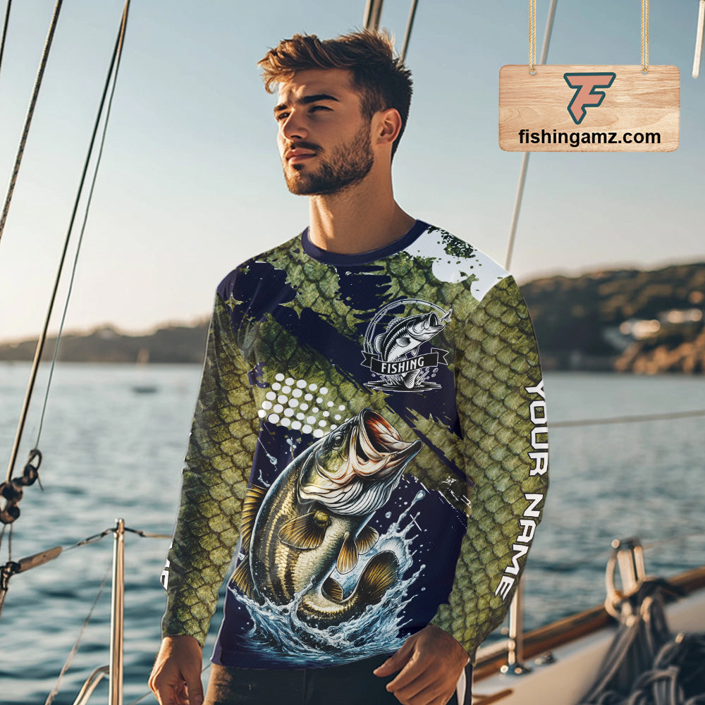 Custom Bass Fishing Green Bass Scales Fishing Shirts For Men, Bass Fishing Shirts NBT470