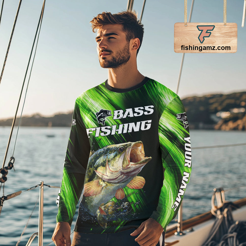 Green Camo Largemouth Bass Fishing Jersey For Men, Bass Fishing Performance Shirts Personalized Gifts NBT370