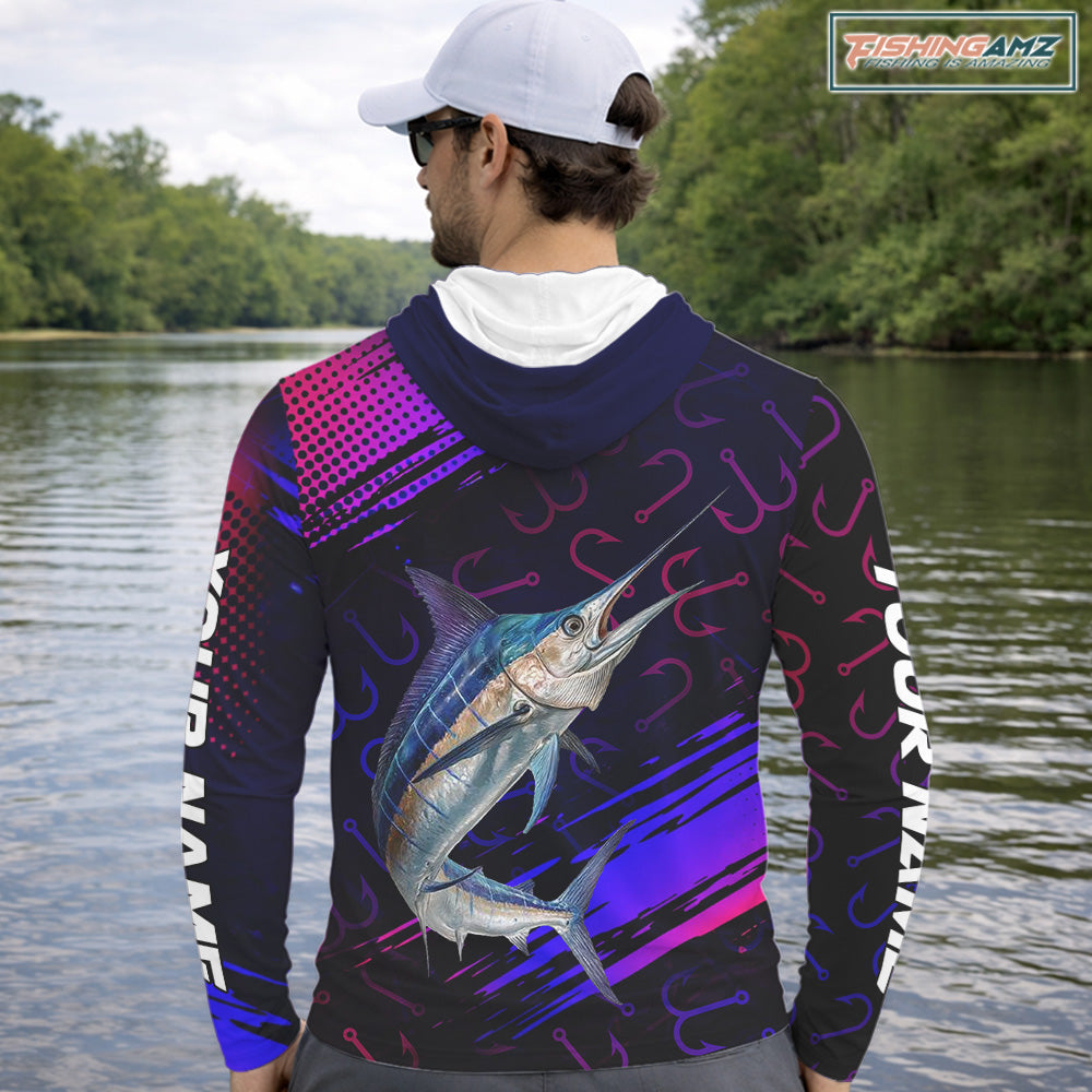 Custom Marlin Fishing Shirts with Hood Fish Hooks Long Sleeve Performance Shirt, Marlin Fishing Jersey NBT475