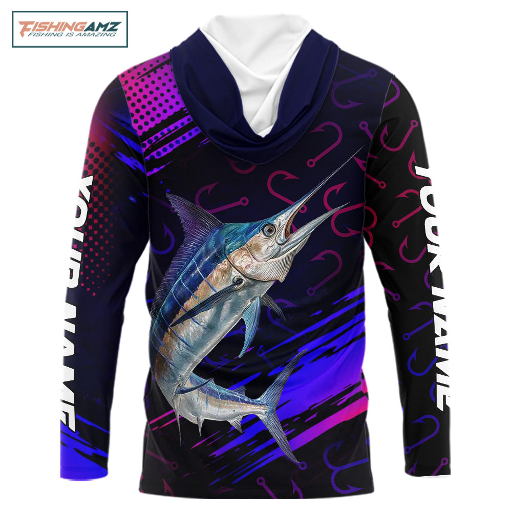 Custom Marlin Fishing Shirts with Hood Fish Hooks Long Sleeve Performance Shirt, Marlin Fishing Jersey NBT475
