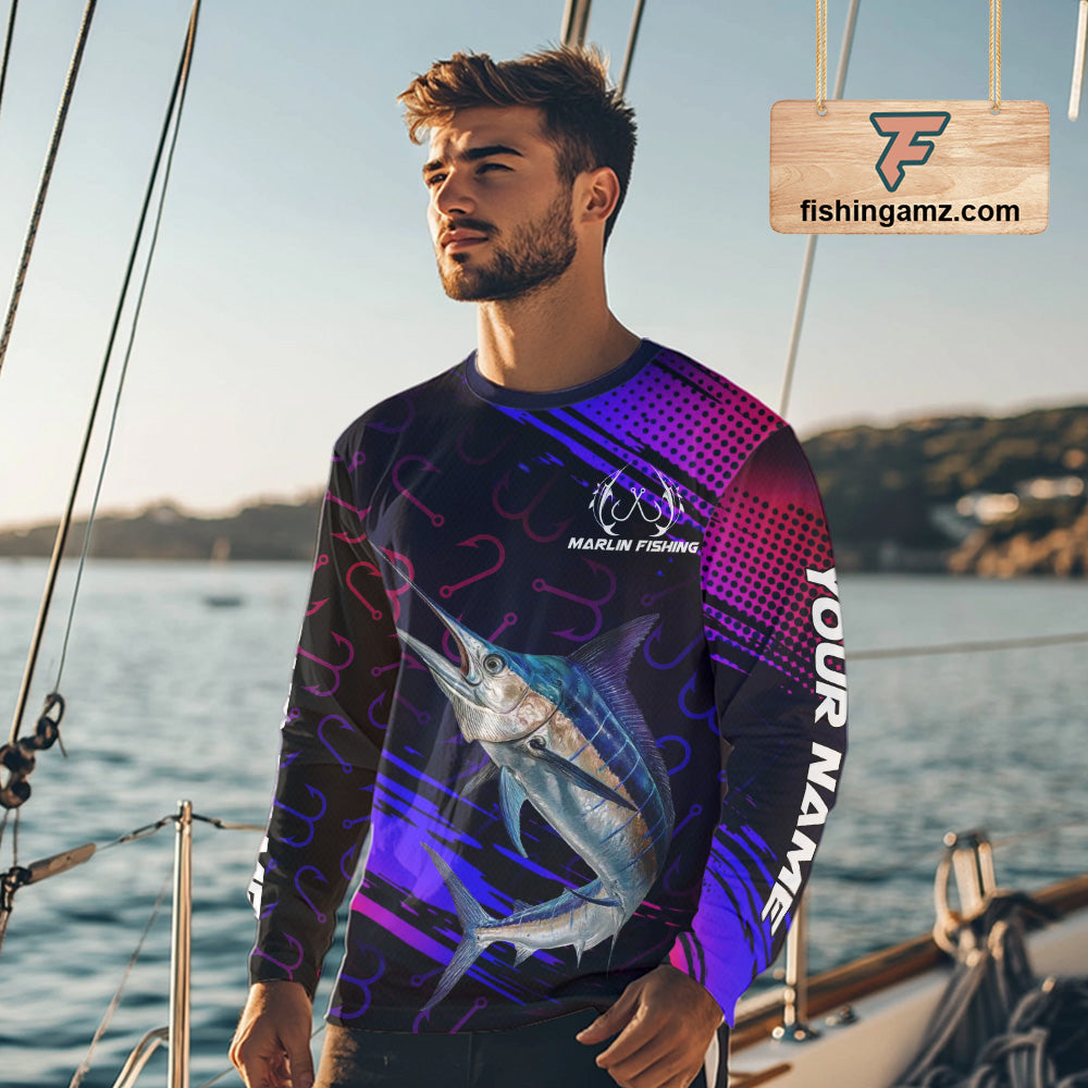 Custom Marlin Fishing Shirts Fish Hooks Long Sleeve Performance Shirt, Marlin Fishing Jersey NBT475