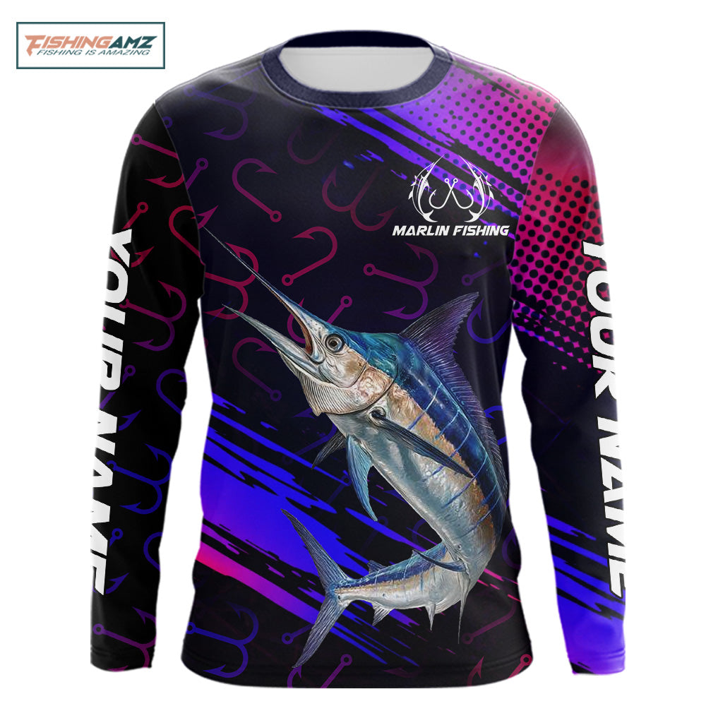 Custom Marlin Fishing Shirts Fish Hooks Long Sleeve Performance Shirt, Marlin Fishing Jersey NBT475