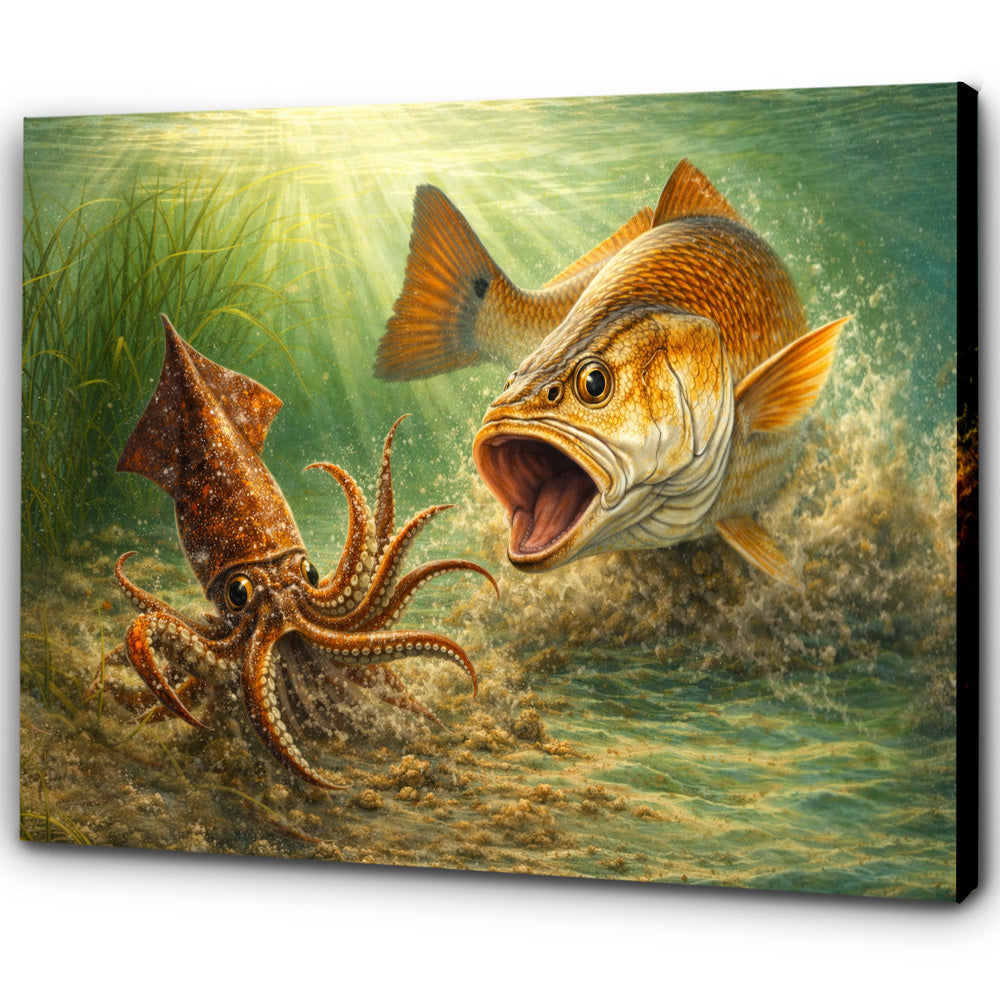 Redfish Strike: Coastal Predator in Action - Saltwater Fishing Canvas Art NBT420