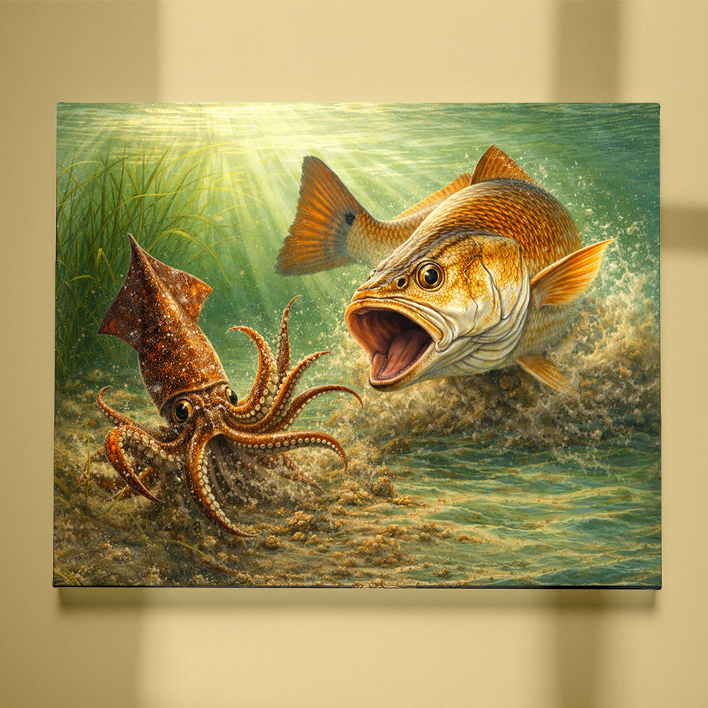 Redfish Strike: Coastal Predator in Action - Saltwater Fishing Canvas Art NBT420