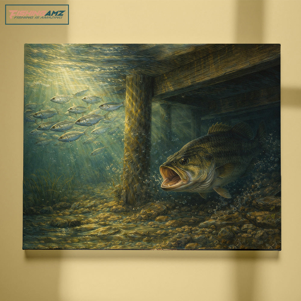 Largemouth Bass Under the Dock – Bass Fishing Canvas Art NBT422