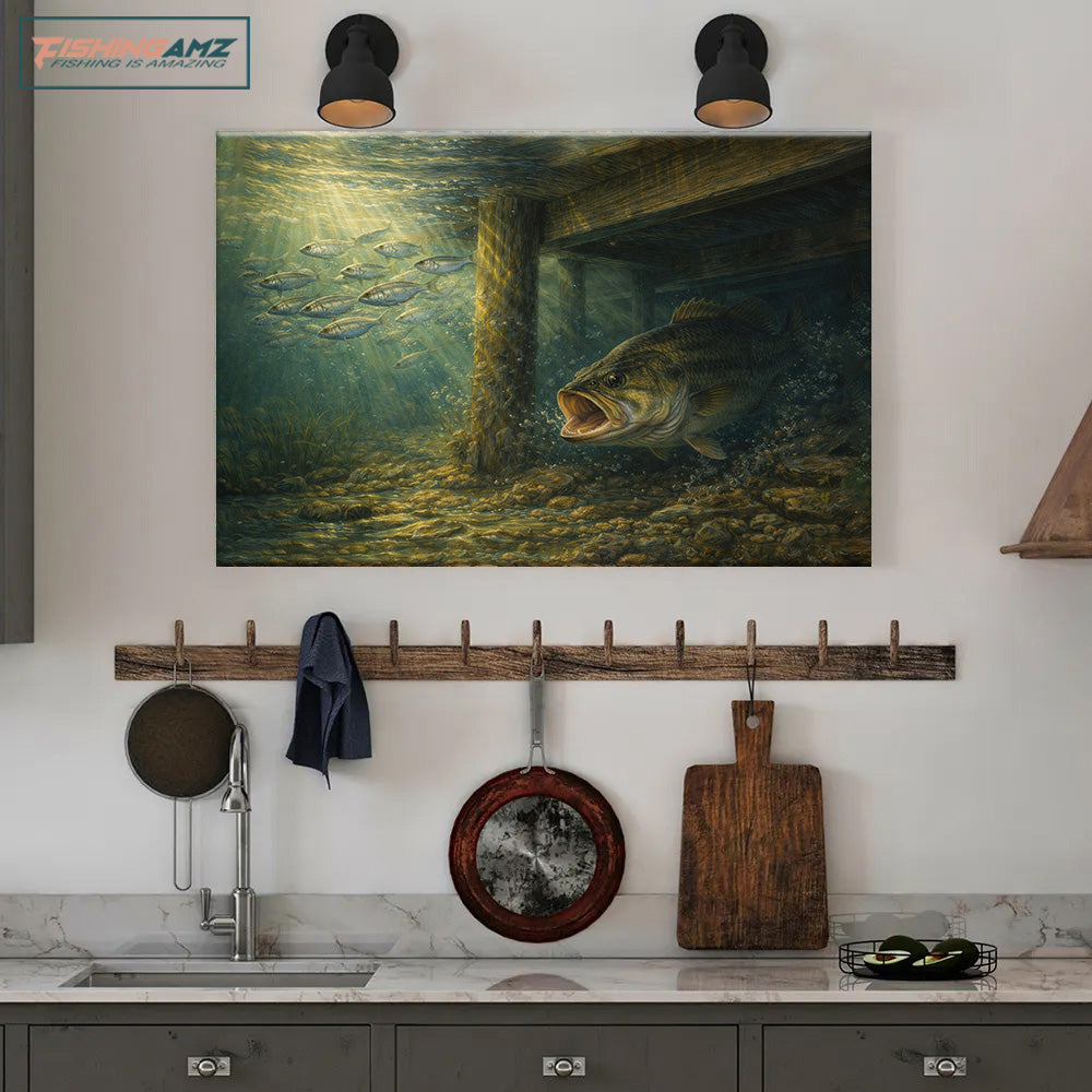 Largemouth Bass Under the Dock – Bass Fishing Canvas Art NBT422