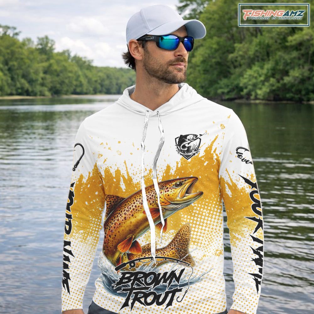 Custom Brown Trout Long Sleeve Hooded Fishing Shirts Yellow Camo Fishing Lures, Custom Fishing Jerseys NBT377